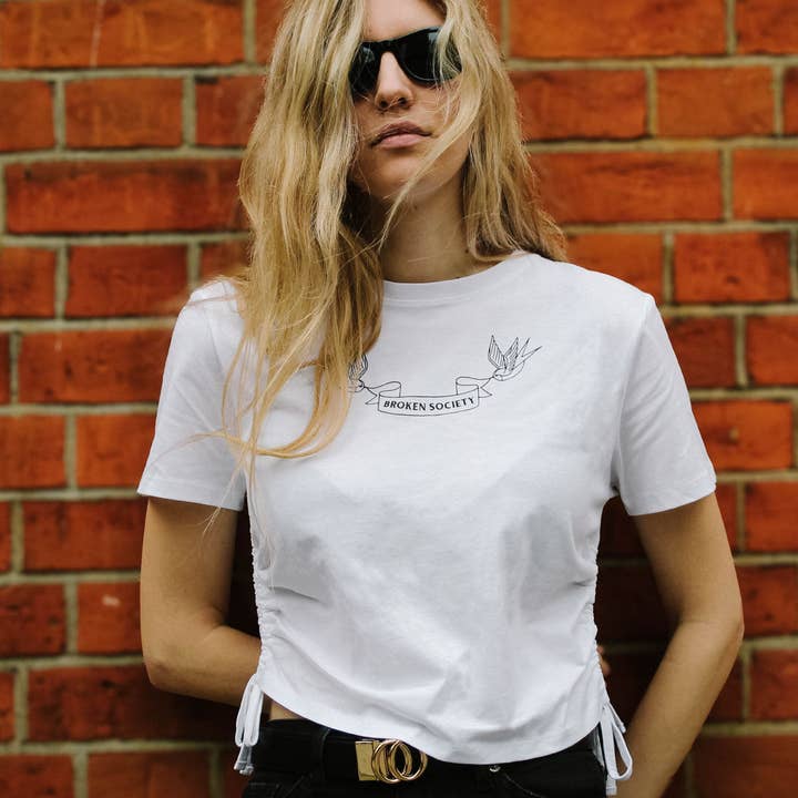 Swallows Ruched Tie Crop T-Shirt for wholesale by Broken Society