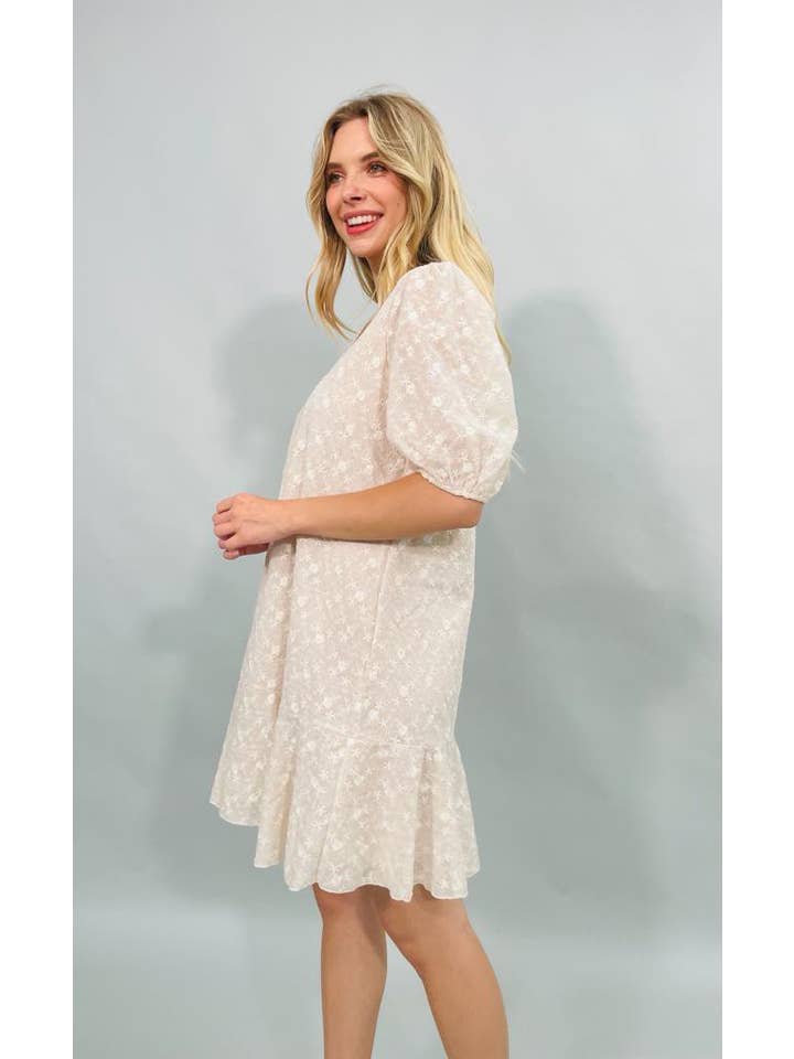 Beige Made in USA - Embroidered V Neck Short Sleeve Dress for wholesale on Faire3