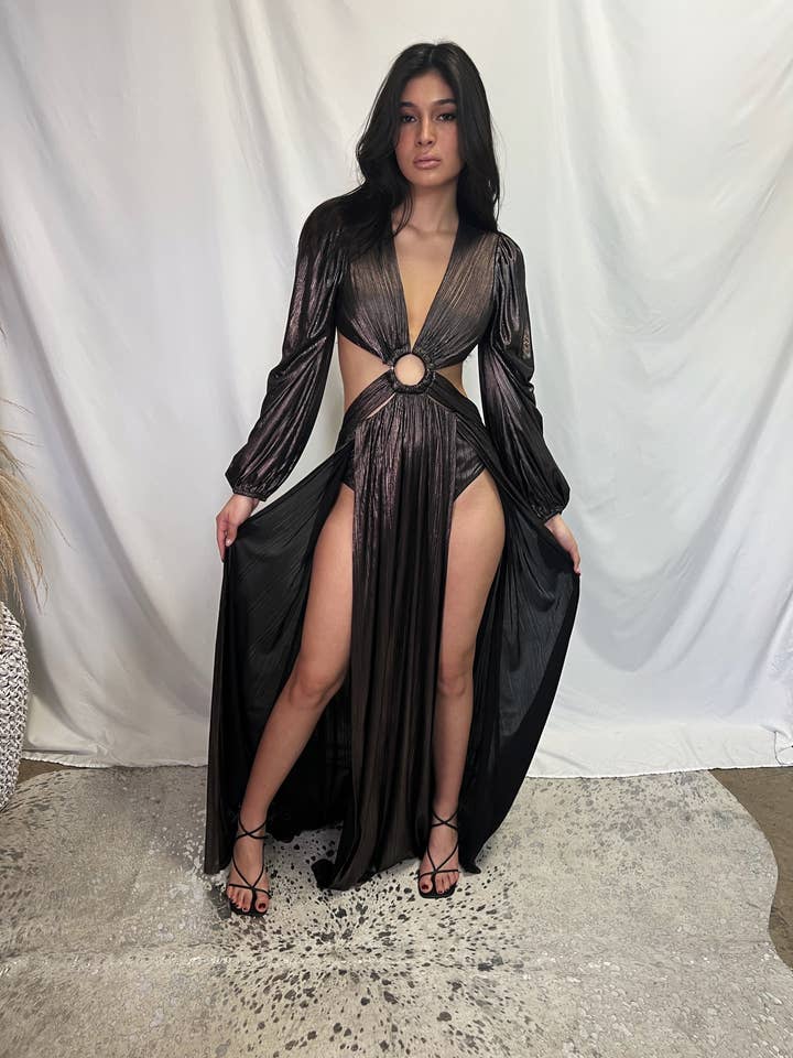 Genavieve The Label - Wholesale Dress - Women's - Charcoal Metallic, Double High Slit, Sexy Formal Dress0