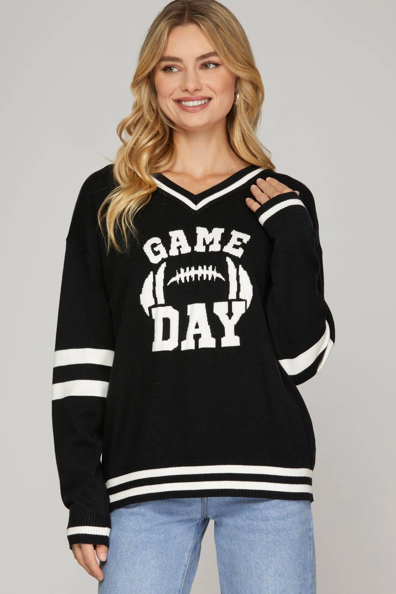 Vanilla Monkey – wholesale Sweatshirt – Women's – Game Day V Neck Varsity Sweater Top8