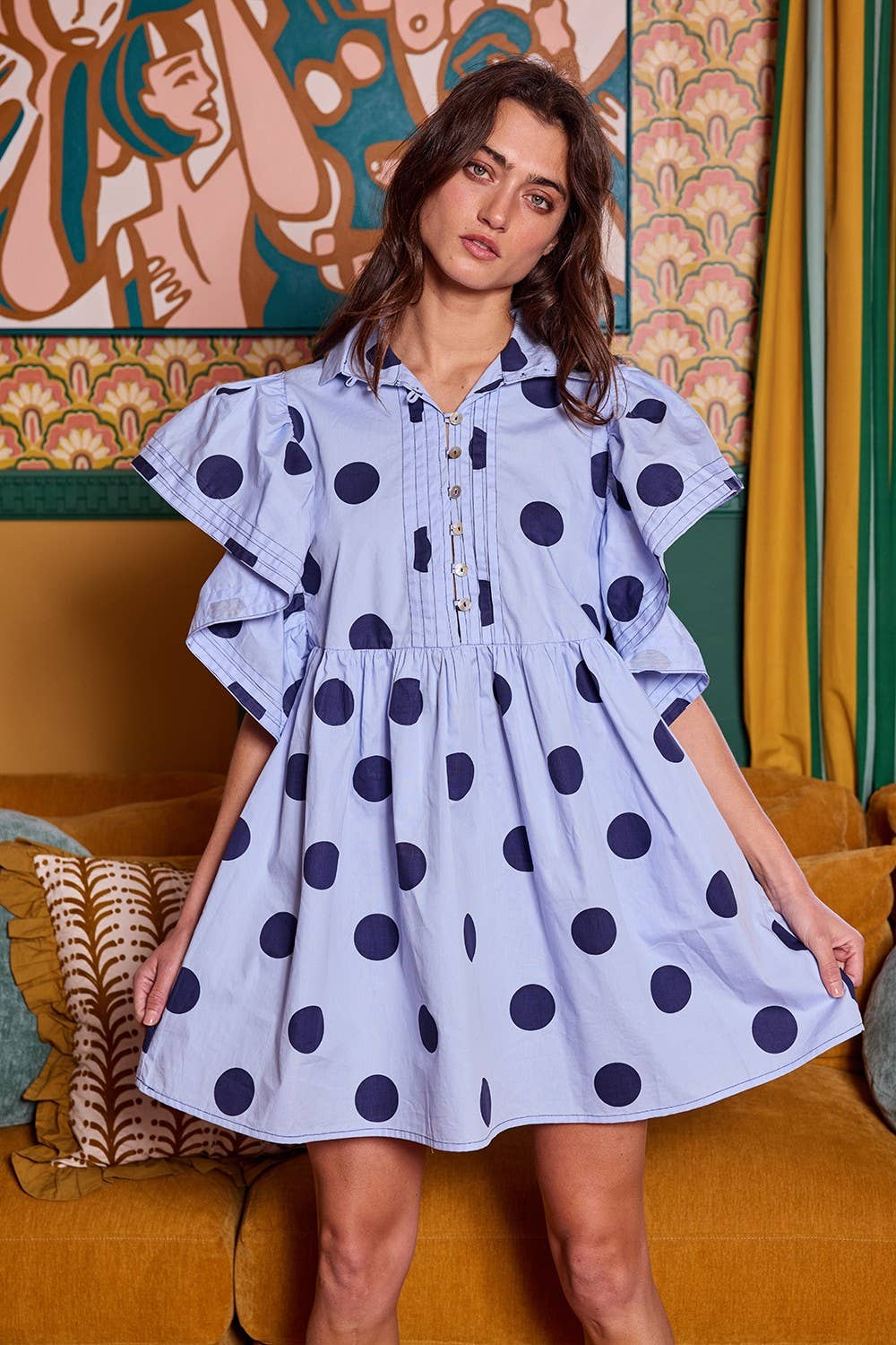 BUCKETLIST INC - Wholesale Dress - Women's - ID4283 Ruffle Sleeve Pintuck Detail Polka Dot Mini Dress21