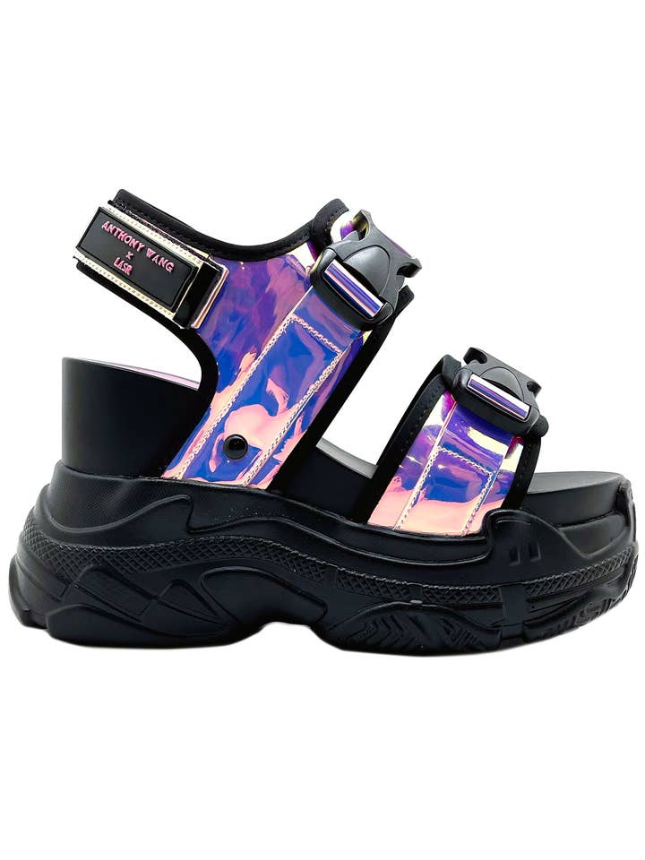 Sandales à plateforme noires à motif holographique X LASR Exclusive Peach 02 pour la vente par LASR