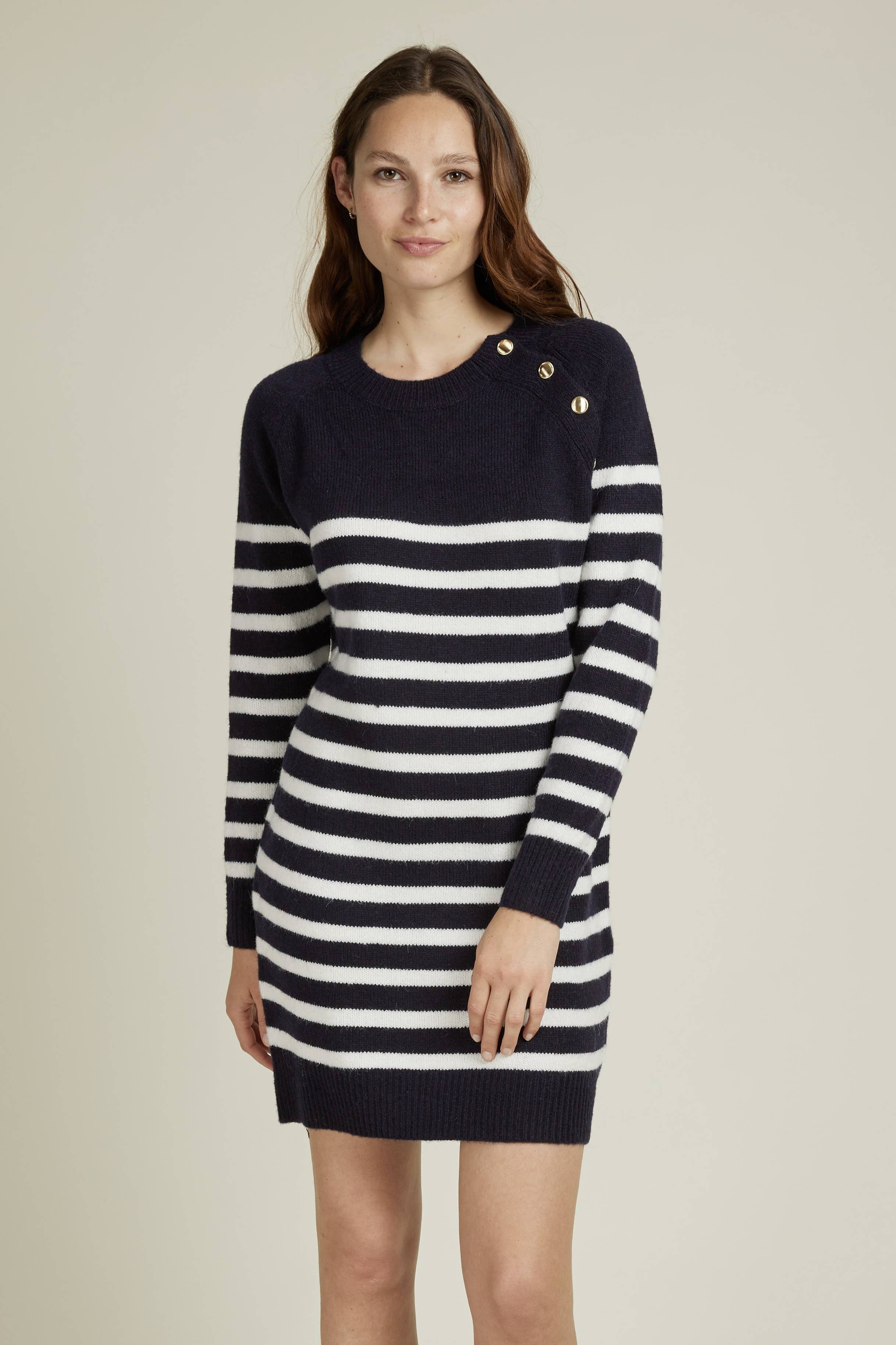 Andy & Lucy - Wholesale Dress - Women's - ARLENE - Mid-length sweater dress with stripes and gold buttons16