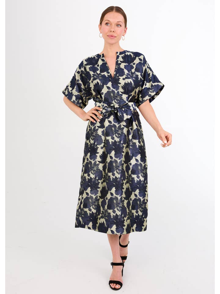 Evelyn Dress Ivory and Navy Floral Silhouette Jacquard for wholesale on Faire