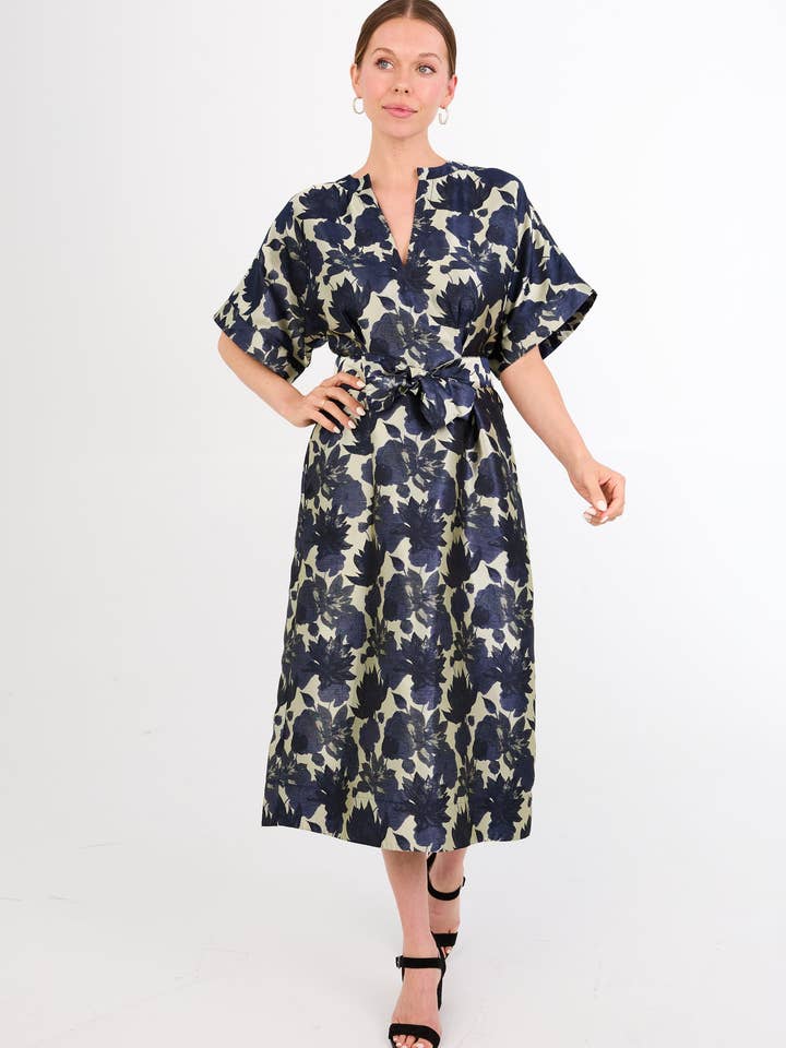 Evelyn Dress Ivory and Navy Floral Silhouette Jacquard for wholesale by Abbey Glass
