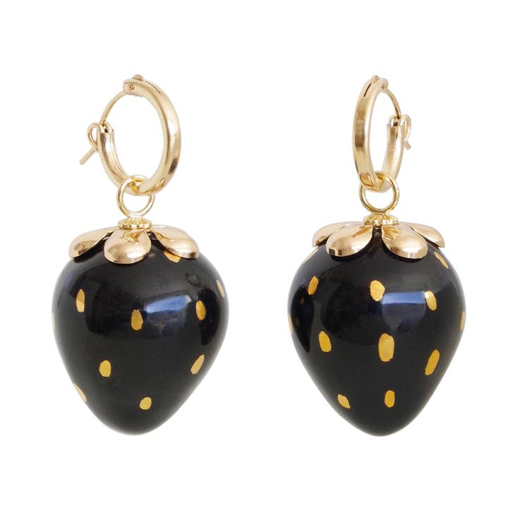 Gyldne sorte porcelæn jordbær øreringe for engroshandel hos POPORCELAIN