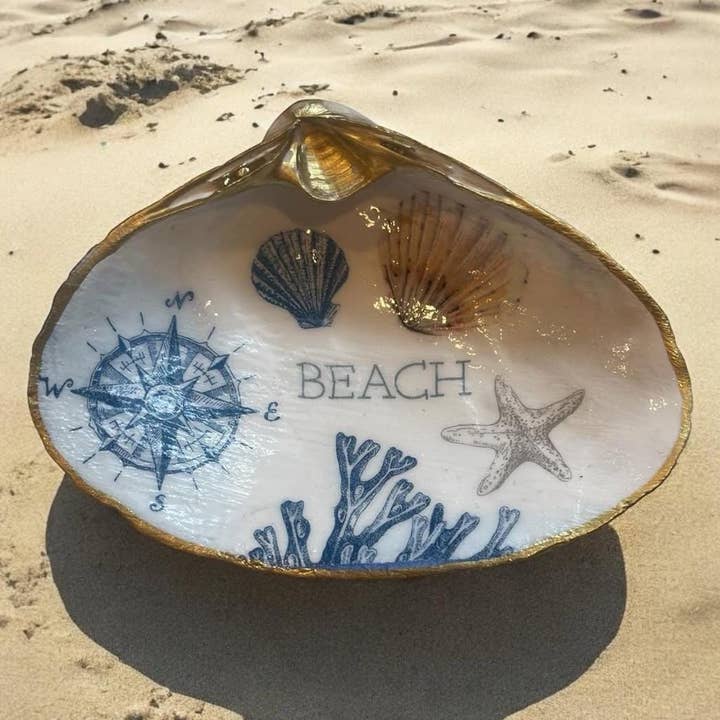Decoupage Clam Shell Trinket Dish: Handmade Coastal Decor for wholesale by CC Shells Gifts LLC