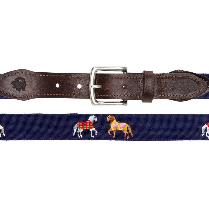 Good Threads - Wholesale Belt - Unisex - Horses In Blankets Needlepoint Belt - Navy