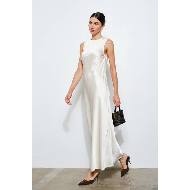 Magdalena Bias Cut Column Maxi Dress in Ivory for wholesale by Loucia
