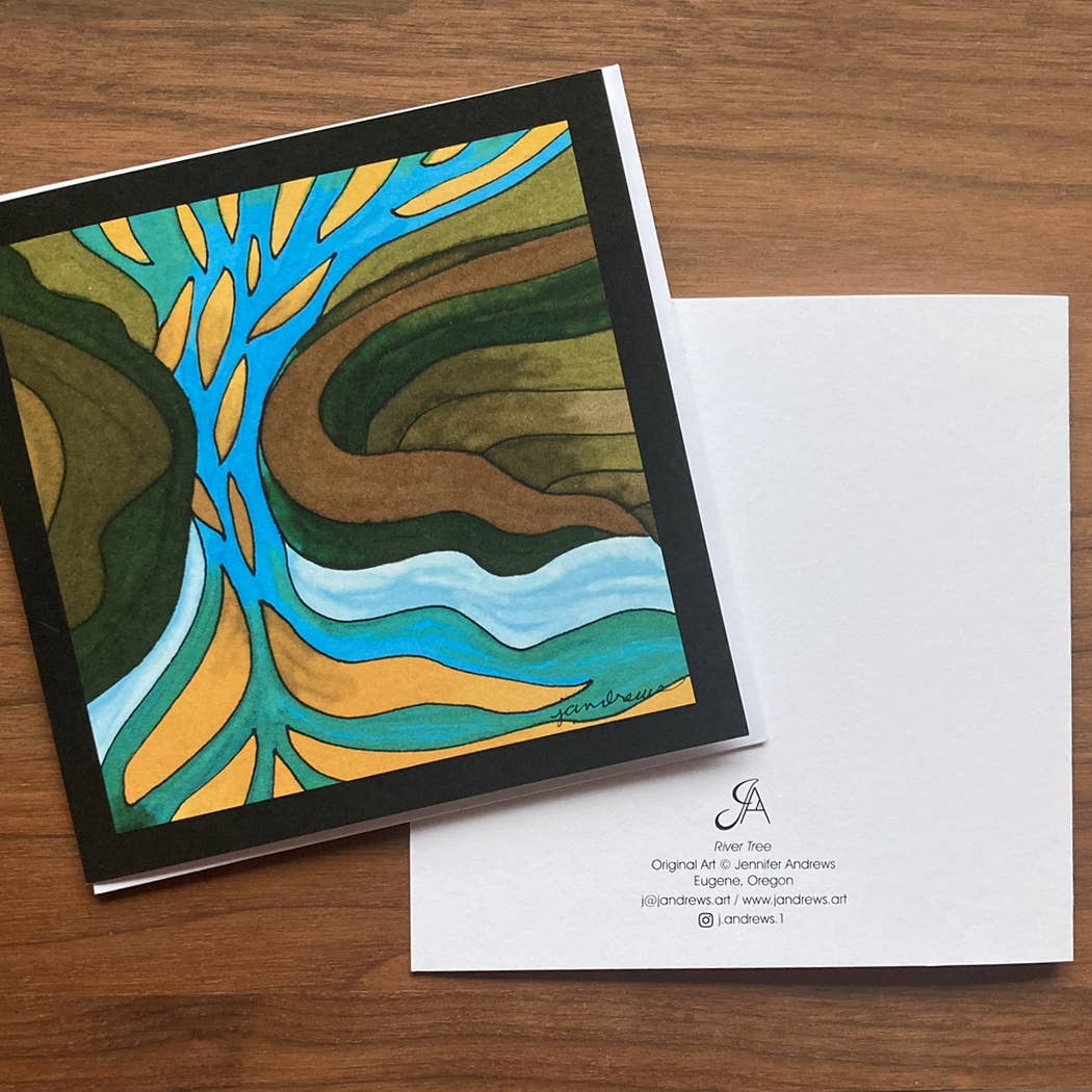 J. Andrews Art & Design - Wholesale Everyday Greeting Card - River Tree - Abstract Art Card, Square, Blank Inside1