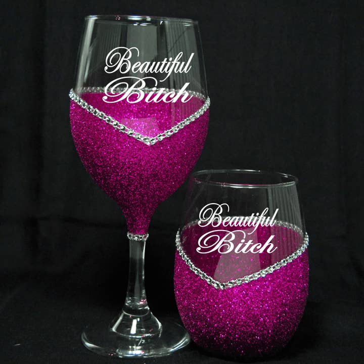 WineyBitches.Co - Wholesale Wine Glass - 'Beautiful Bitch' Bling Stem Wine Glasses