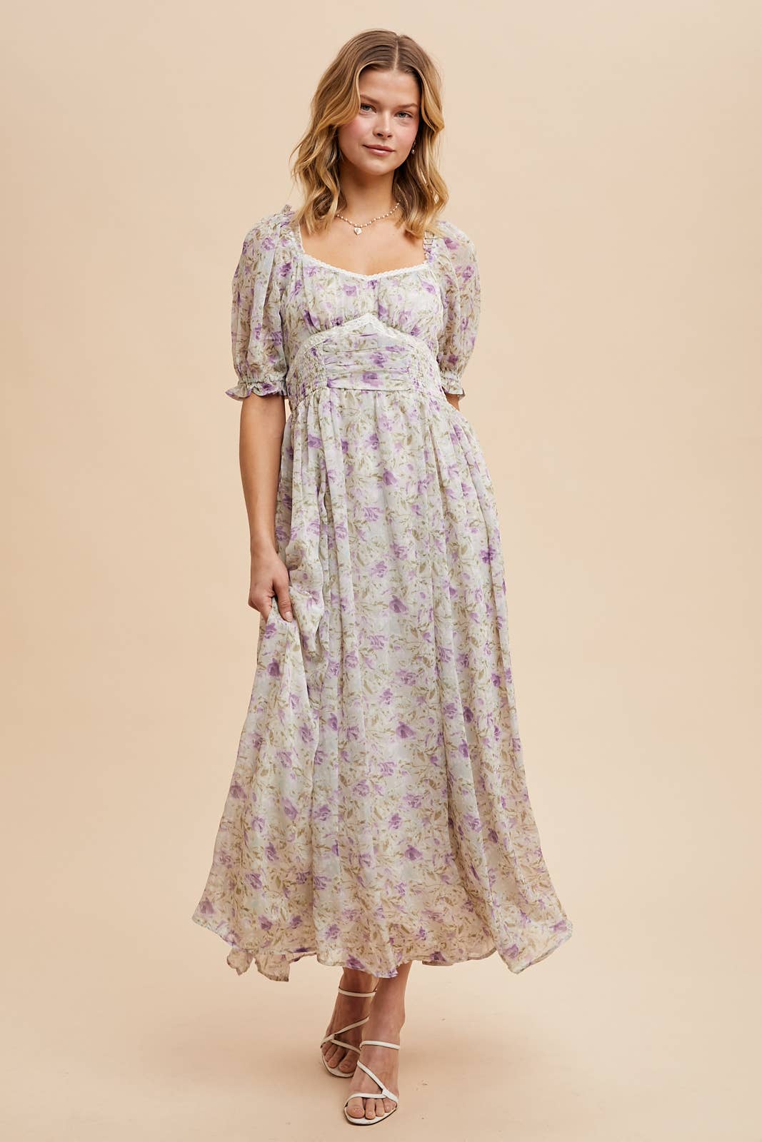 LAVENDER FLORAL SMOCKED SWEETHEART DRESS for wholesale on Faire1