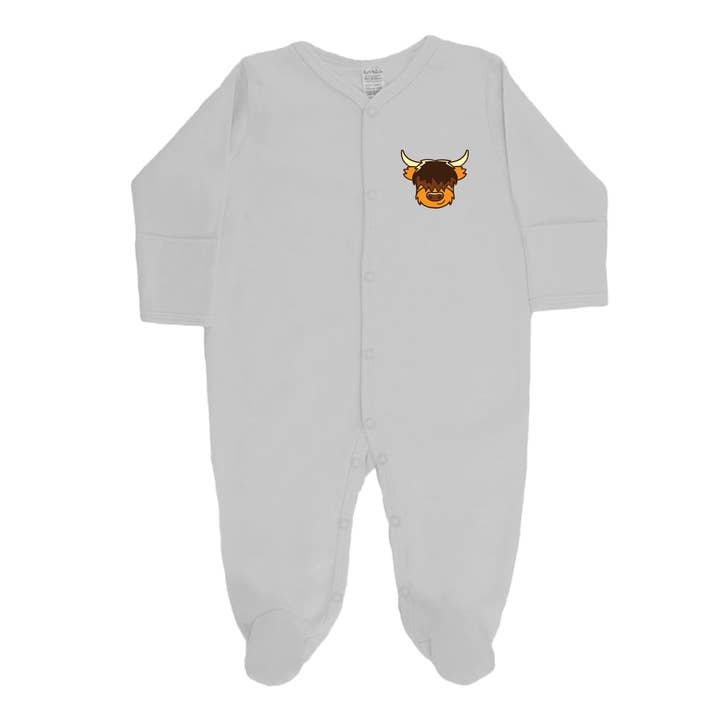 Highland Cow Baby Sleepsuit for wholesale by Brave Scottish Gifts