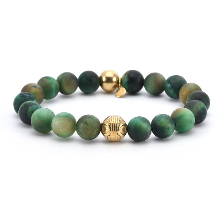 Bracciale in acciaio con pietre naturali occhi di tigre verdi per la vendita all'ingrosso da parte di SIXTY STONES