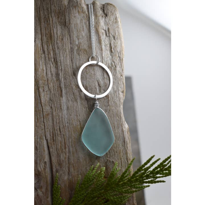 Whitelotus Design - Wholesale Pendant/Charm Necklace - Eco Glass large silver link pendant, geometric sea glass