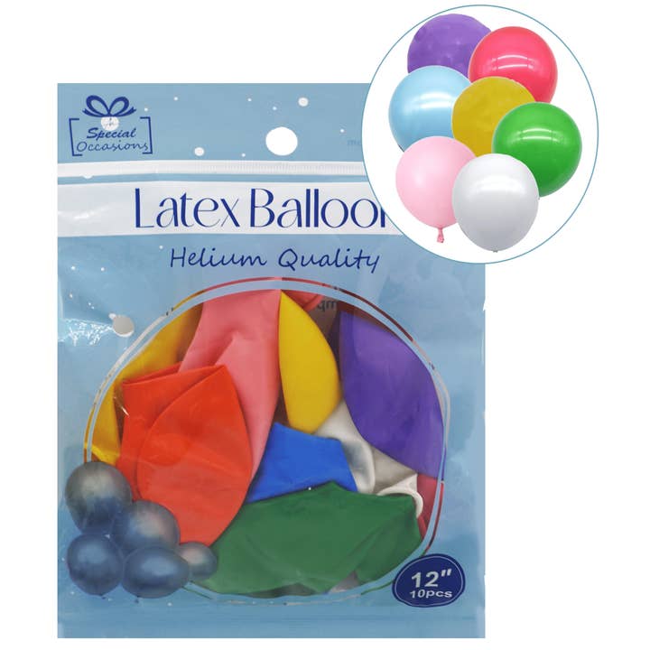 Assortment Primary Colors Latex Party Balloon, 12in, 10ct for wholesale by Angels Craft