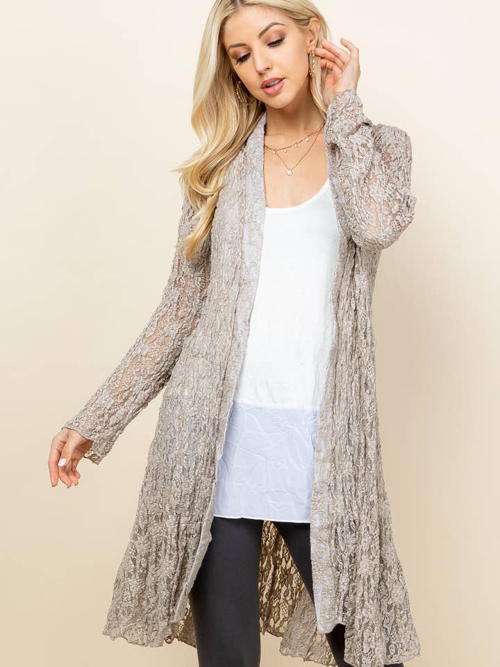 Oatmeal Short Lace Duster – Boho Pucker Jacket for Women | Made in USA for wholesale by Kooniez