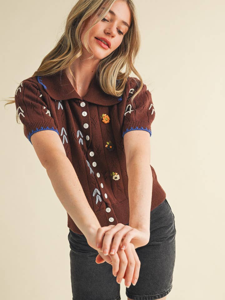 &MERCI - Wholesale Knit Sweater - Women's - HAND EMBROIDERED SHORT SLV BUTTON DOWN SWEATER MSW1095316