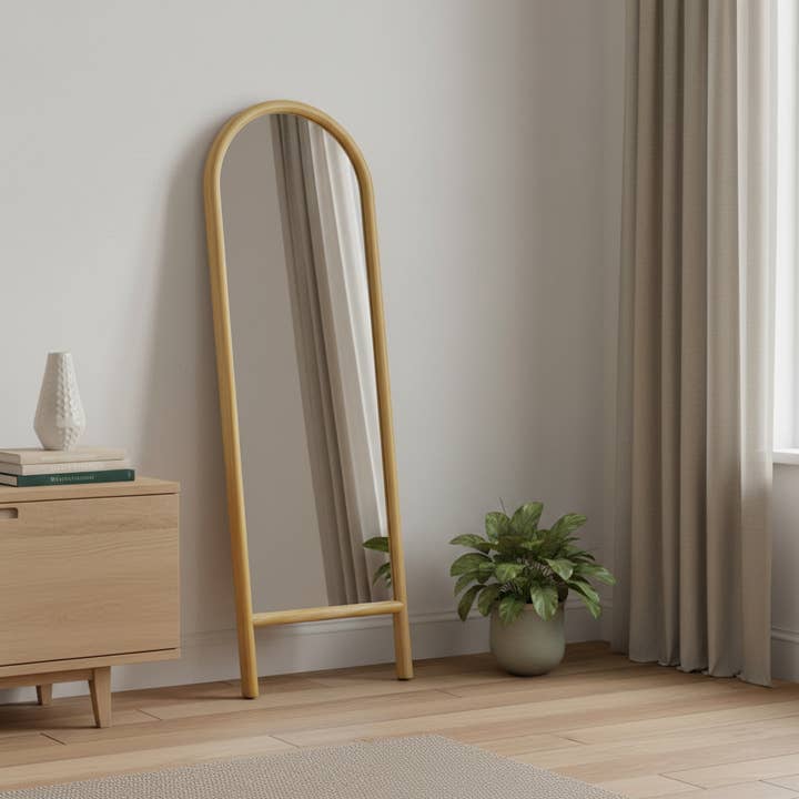 HomeRoots - Wholesale Vanity mirror - 64" Natural Solid Wood Arch Leaning Framed Full Length Mirror1