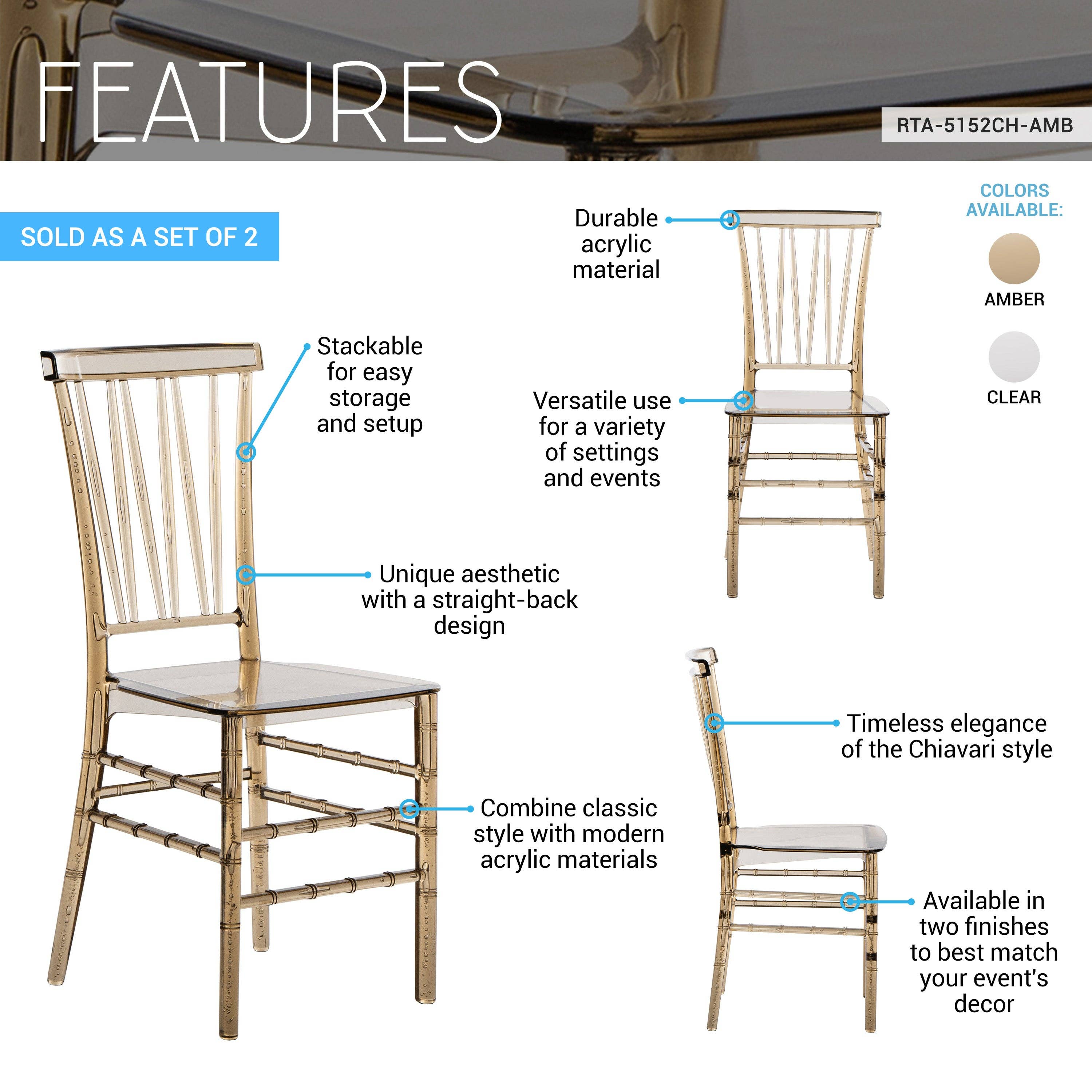 RTA Products LLC - Wholesale Chair - Stackable Chiavari Style Acrylic Event Chairs – Set of 212