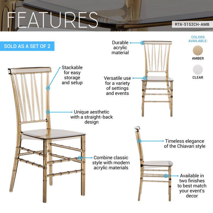 RTA Products LLC - Wholesale Chair - Stackable Chiavari Style Acrylic Event Chairs – Set of 212