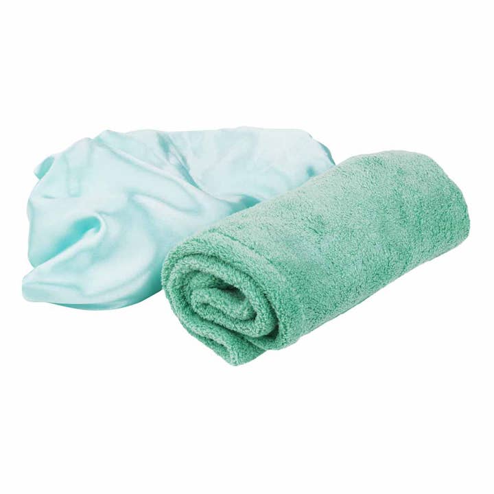 Turquoise Twist N' Dry Towel And XL Shower Cap Set for wholesale on Faire1