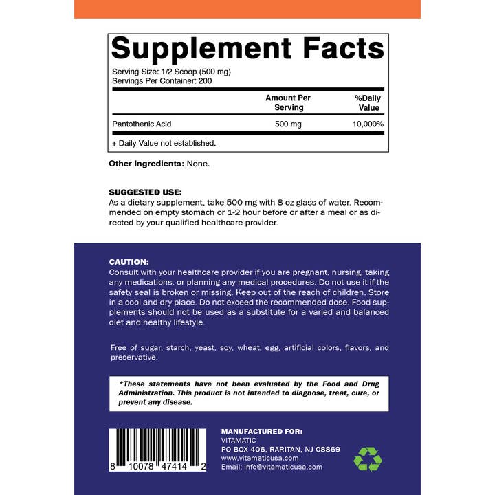 Vitamatic - Wholesale Oral Supplement/Vitamin - Vitamatic | Pantothenic Acid vitamin B5 | 500mg per Serving