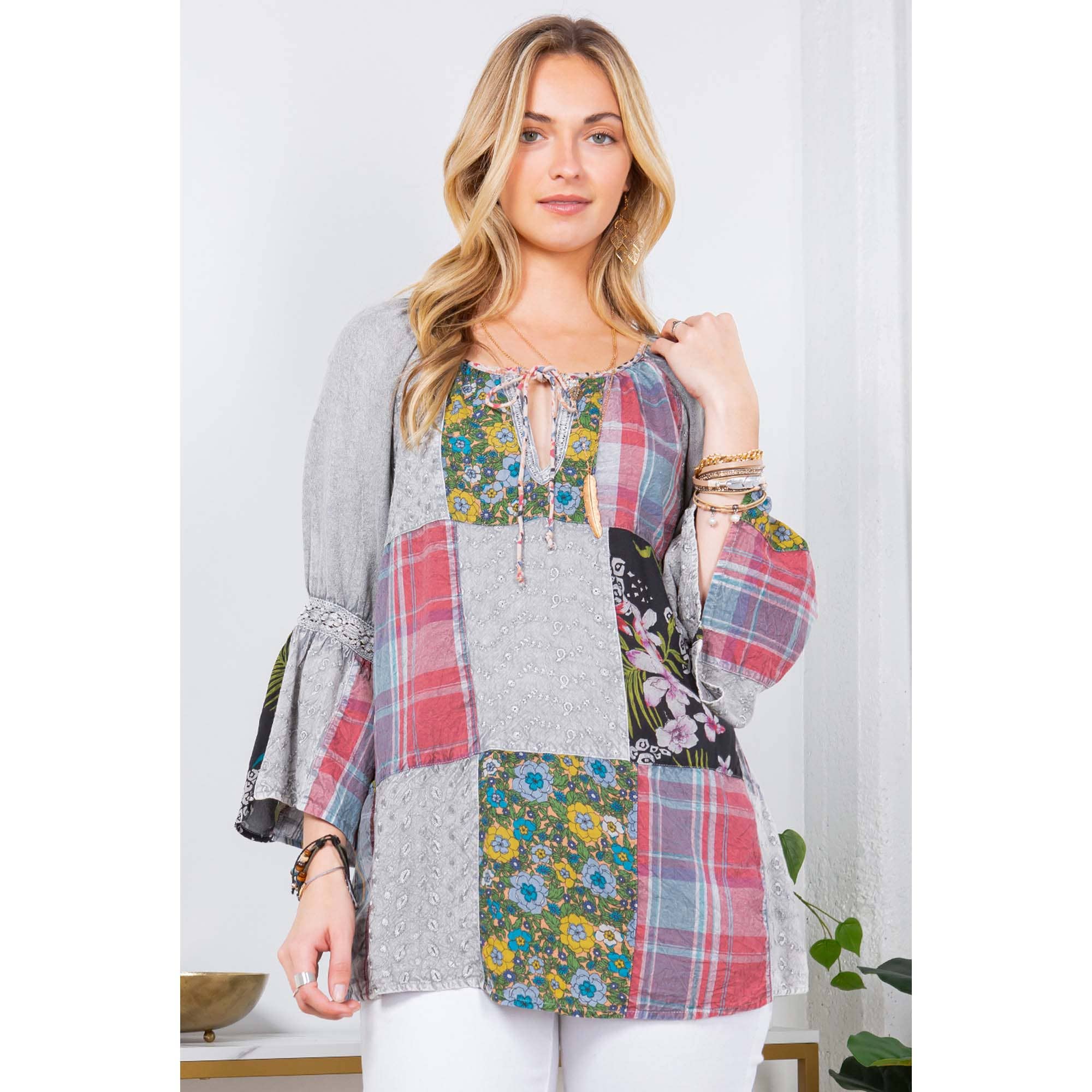 Young Threads - Wholesale Tunic - Women's - Peasant Top with Print Checks Patchwork (New Color)0