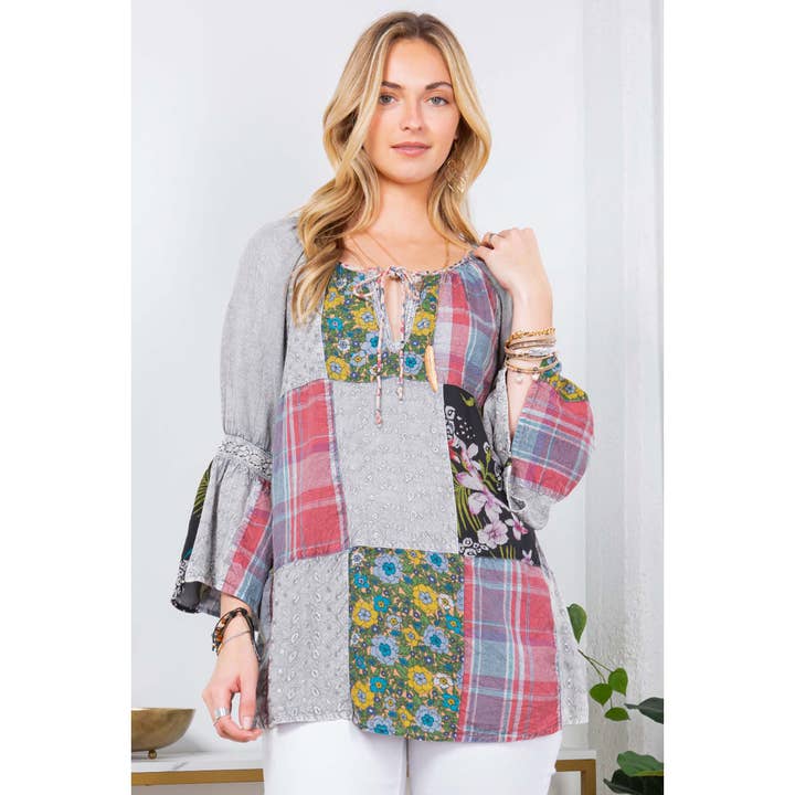 Young Threads - Wholesale Tunic - Women's - Peasant Top with Print Checks Patchwork (New Color)