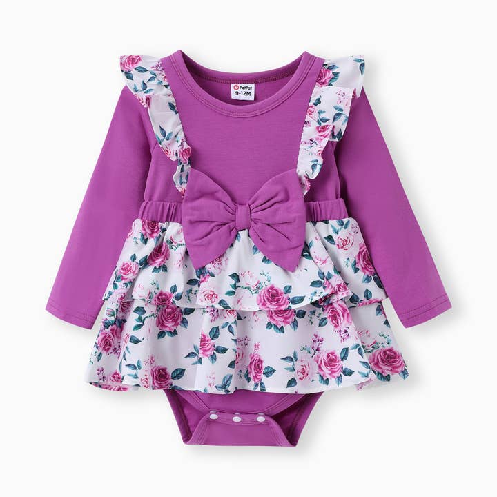 Baby Girl 2pcs Sweet Floral Print Ruffled Romper for wholesale by PatPat