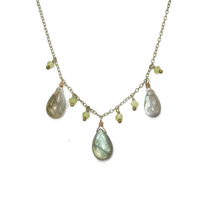 Labradorite Multi Teardrops and Peridot Fringe Necklace for wholesale by Edgy Petal Jewelry