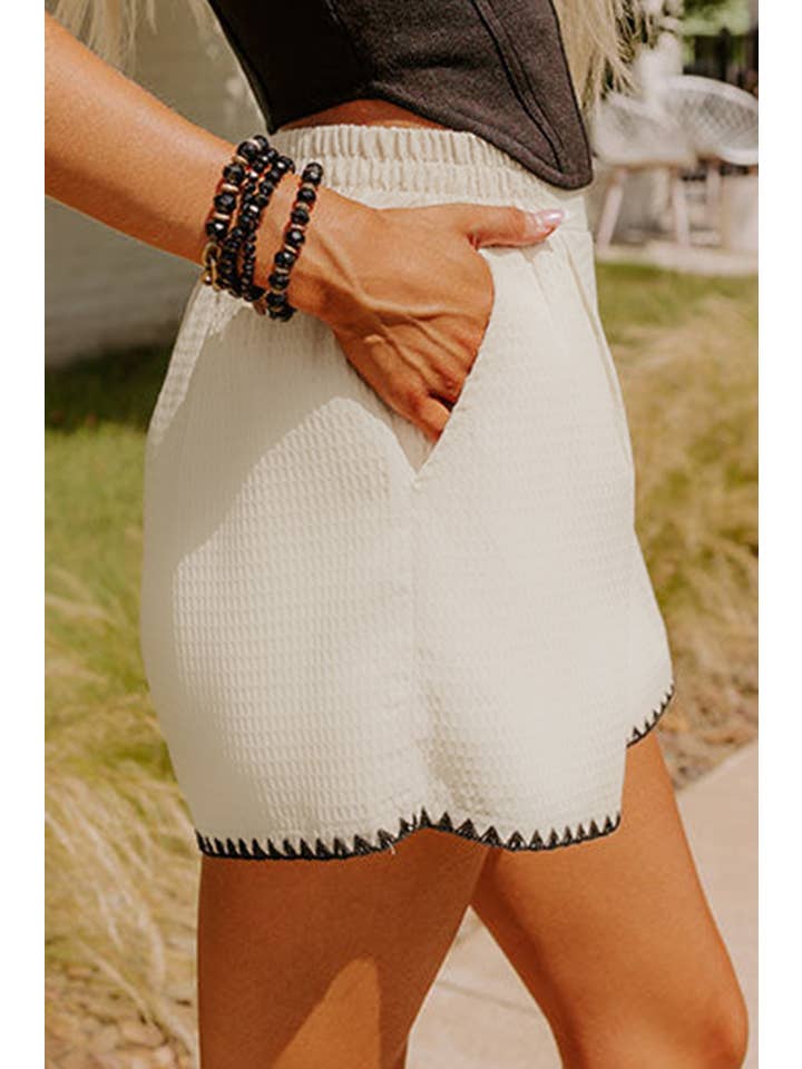 White Waffle Texture Contrast Ricrac Hemline Casual Shorts for wholesale on Faire9