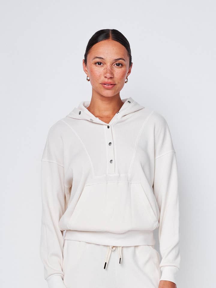 Micro Thermal Hood Pullover in Cream for wholesale by Stateside