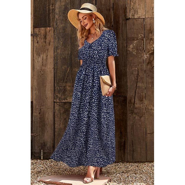 Supreme Fashion - Wholesale Dress - Women's - Allover Print Puff Sleeve Ruched Shirred Dress