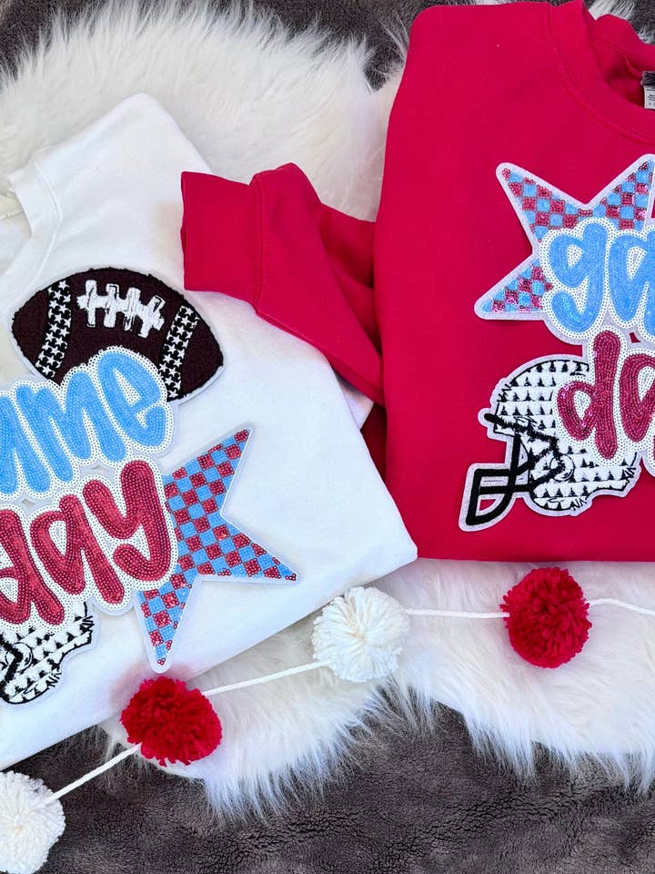 Game Day Patch, 11 in Patch,Football Patch, Red and Blue Patch, Sequin Football Patch, Sports Patch, Sequin Patch, Iron on Patch, DIY for wholesale by sequinandstiches