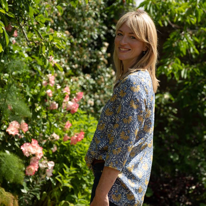 Katoenen tuniek met print - Jaipur Floral Blauw-Geel voor wholesale door Lime Tree Design