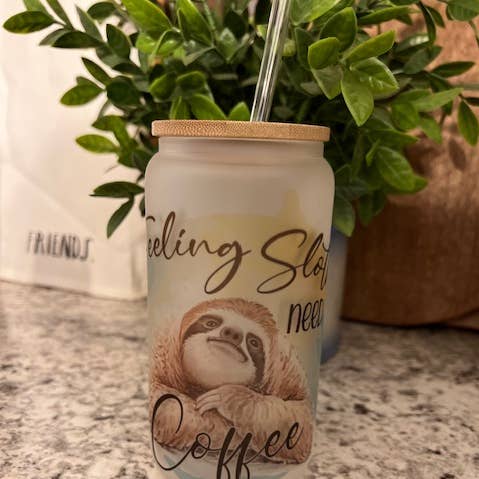 16oz. Frosted can glass tumbler with straw and bamboo lid for wholesale by Serendipity Tees