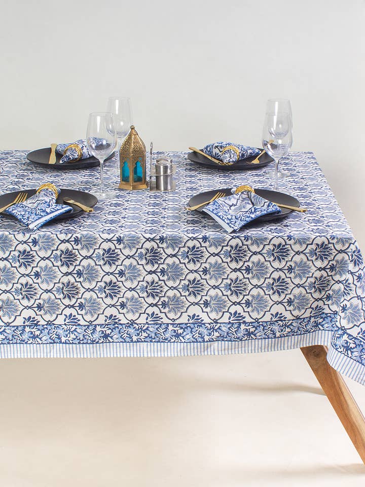 Block Printed Rectangular Cotton Tablecloth - Blue Floral for wholesale by Artsy Home