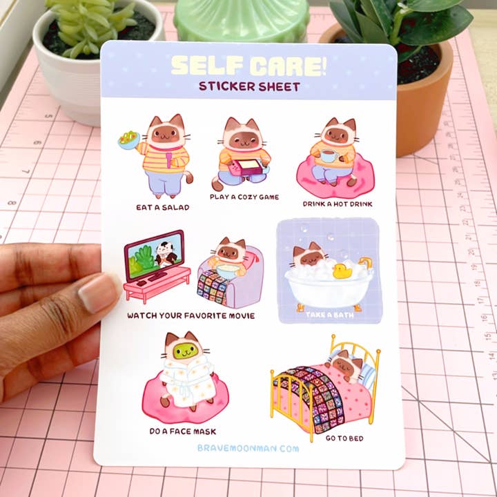 Self Care Vinyl Sticker Sheet for wholesale by Brave Moonman
