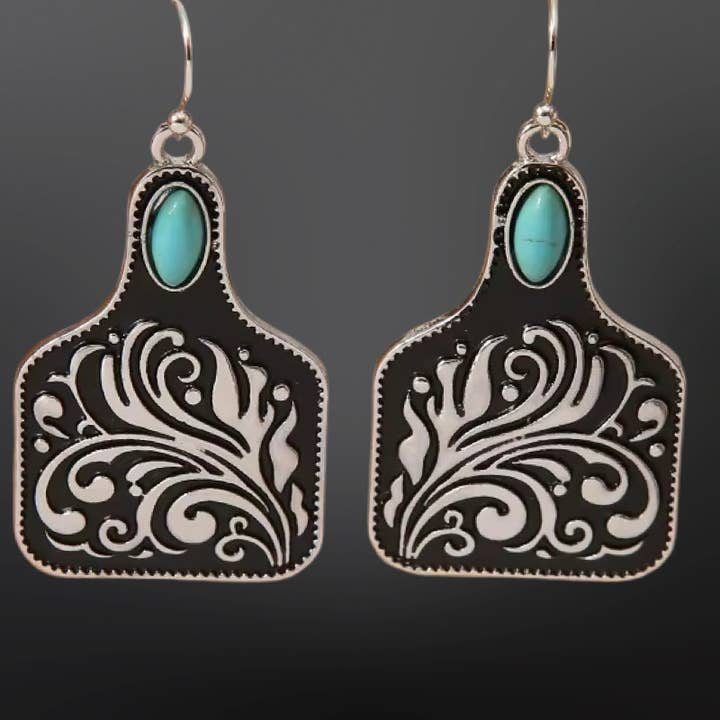 Boucles d'oreilles étiquette de vache - Motif floral occidental pour la vente par Westrian International