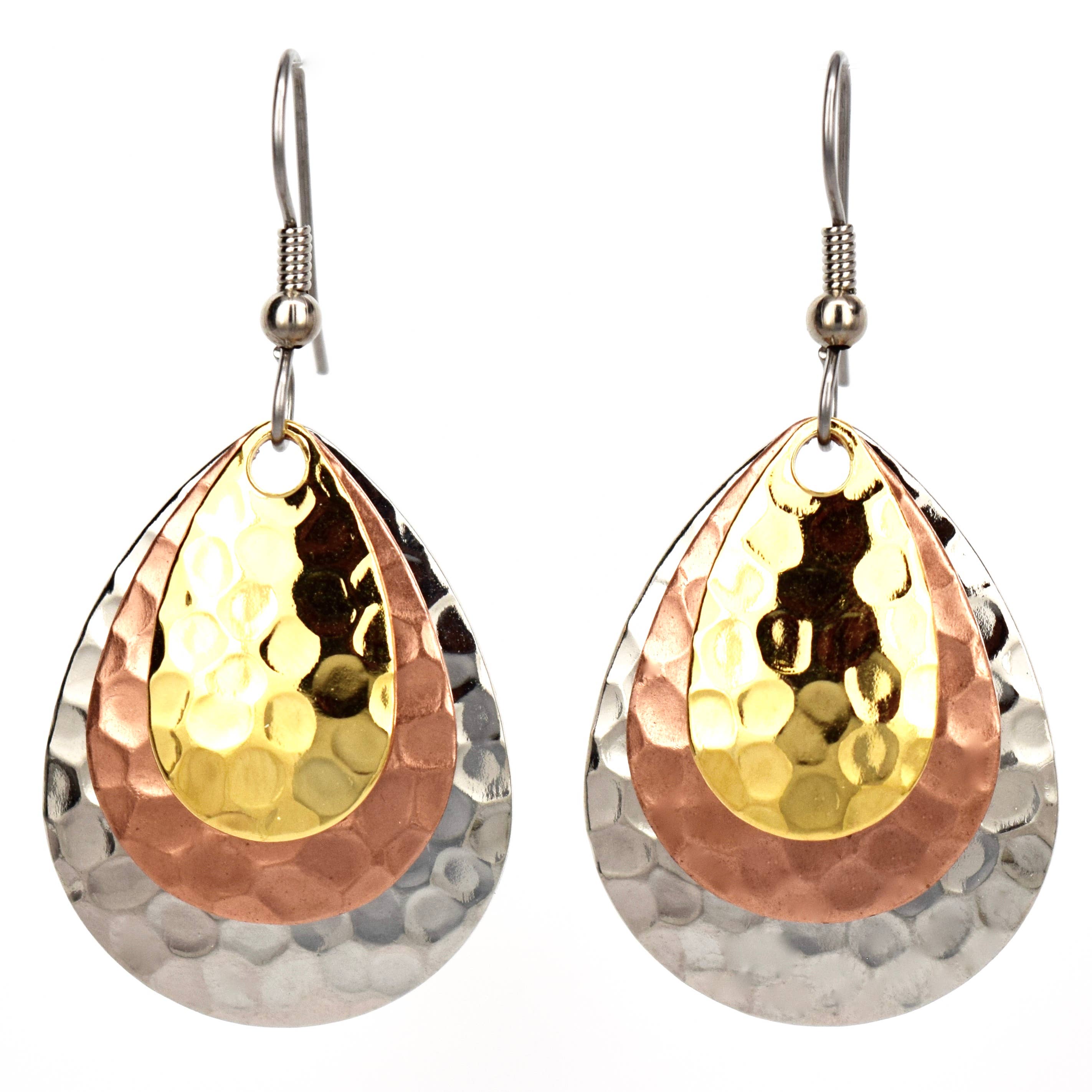 Eye Catching Jewelry - Wholesale Dangle Earrings - Everyday Tri Color Silver Gold Copper Earrings Hammered0