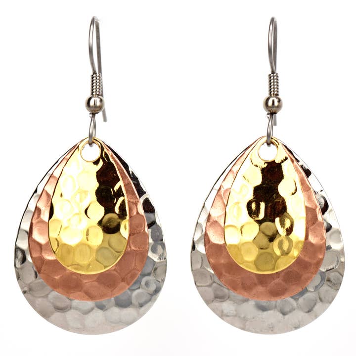 Eye Catching Jewelry - Wholesale Dangle Earrings - Everyday Tri Color Silver Gold Copper Earrings Hammered