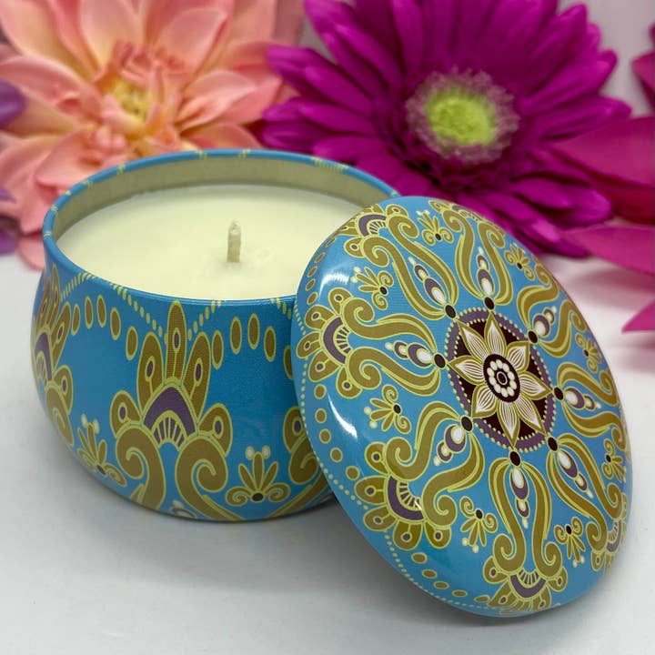 Travel Tin 4.5oz Soy Candle-Decorative Fun Boho-Blue+Mustard for wholesale by Jamcat Candles