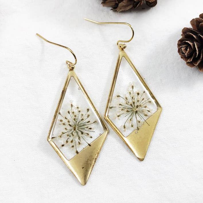 Hazel - Brass Diamond-Shaped Earrings With Queen Anne's Lace for wholesale by Grab Bag Botany