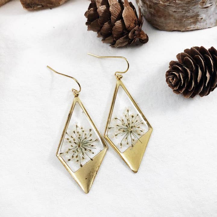 Hazel - Brass Diamond-Shaped Earrings With Queen Anne's Lace for wholesale by Grab Bag Botany