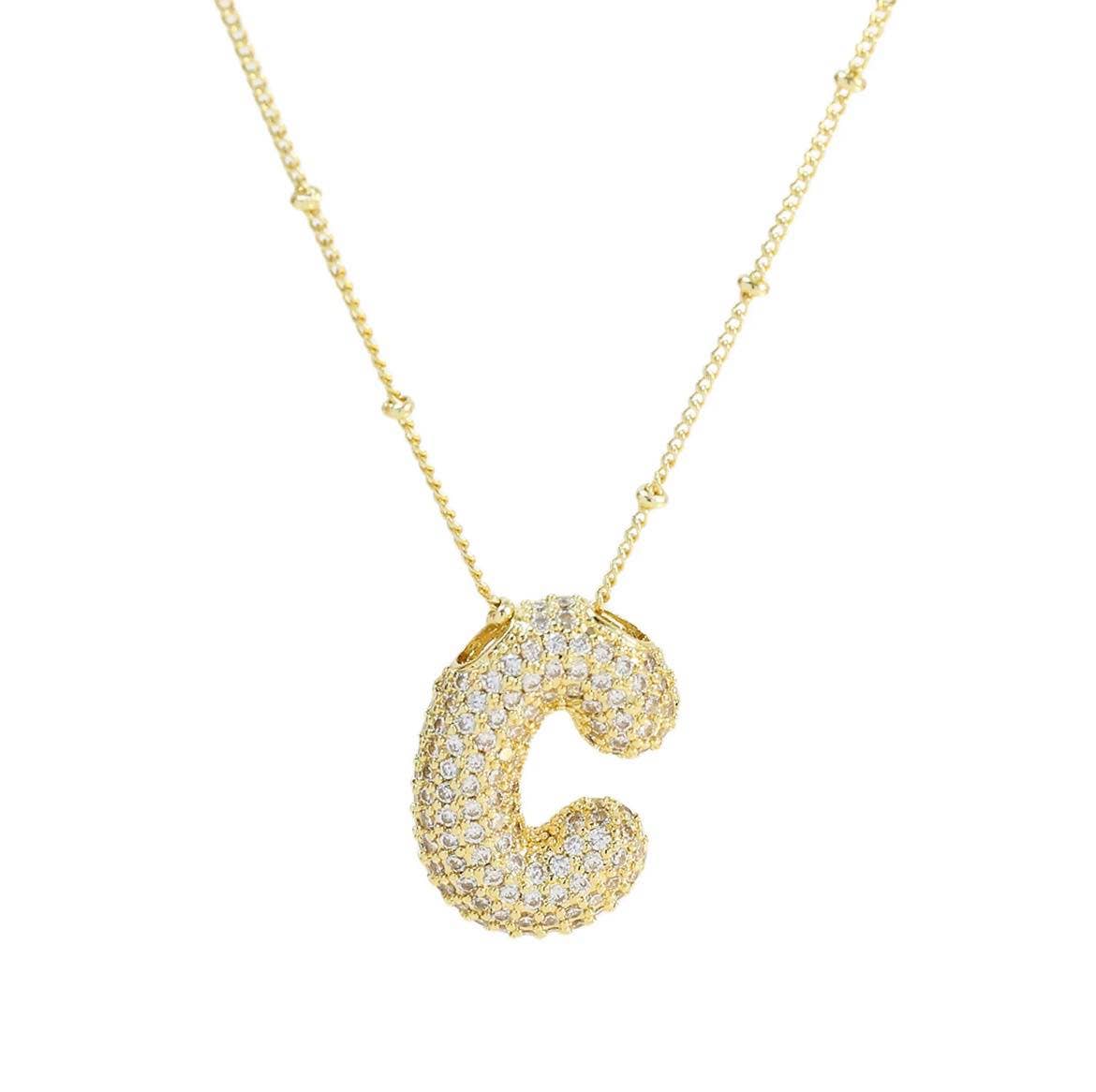 The Classy Cloth WS - Wholesale Pendant/Charm Necklace - Jeweled Cz Bubble Letter Initial Necklace - Gold RTS1