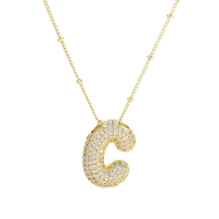 The Classy Cloth WS - Wholesale Pendant/Charm Necklace - Jeweled Cz Bubble Letter Initial Necklace - Gold RTS1