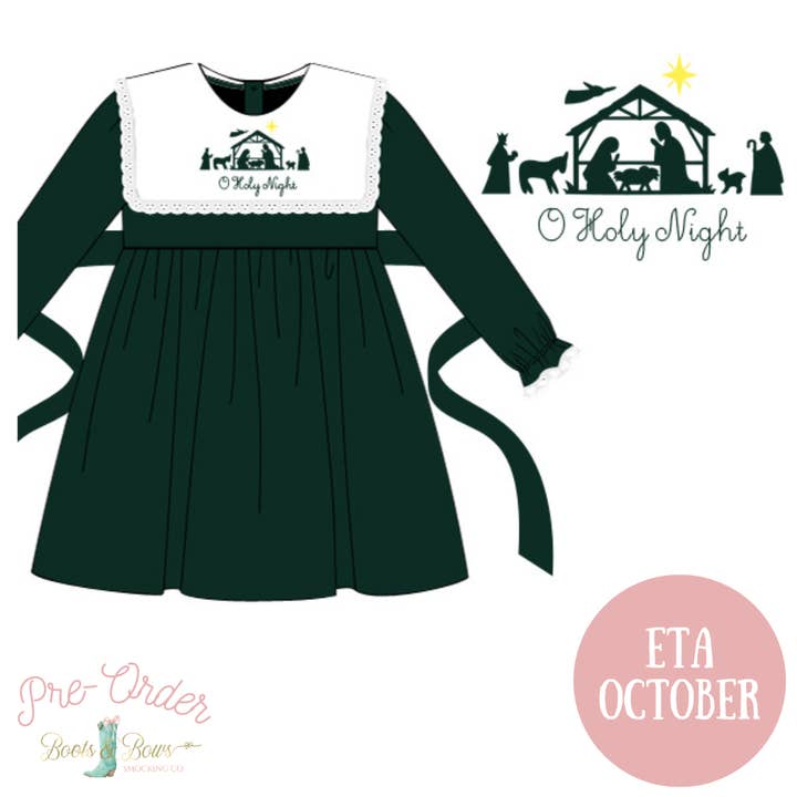 PRE-ORDER: Girls Green Velvet Nativity Dress (ETA October) for wholesale by Boots & Bows Smocking Co