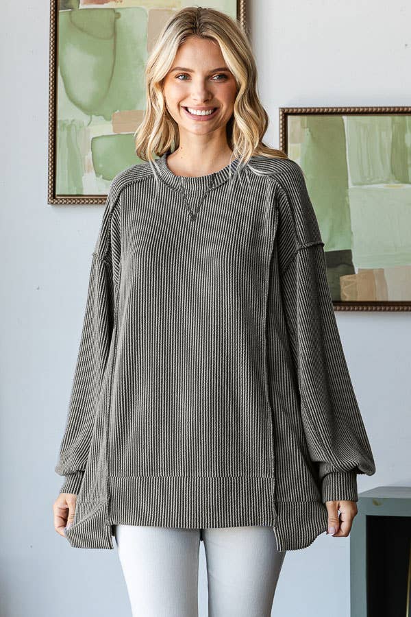 7th Ray - Wholesale Tunic - Women's - [PLUS SIZE]Rib VStitch Drop Shoulder Long Sleeve Top T5668XL10