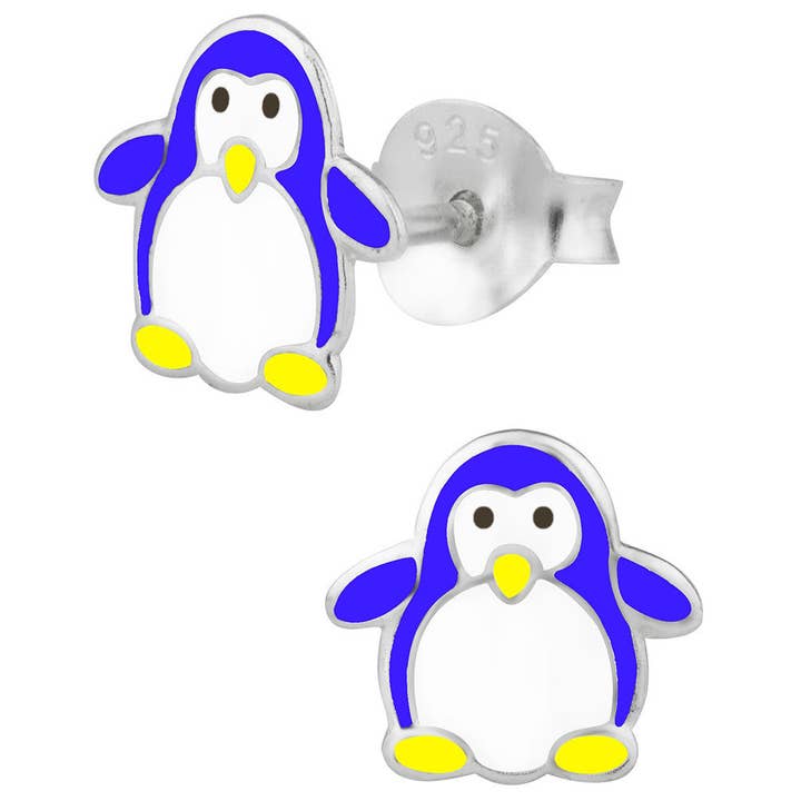 Kleine blaue Pinguin-Ohrstecker aus Sterlingsilber für den Großhandel von Penny & Piper